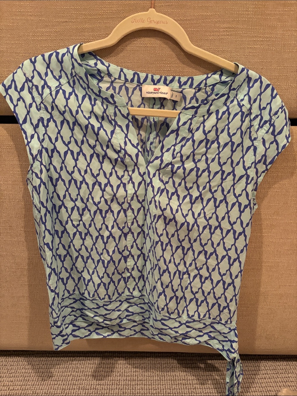 Vineyard Vines Light Blue and Navy Geometric Cap Sleeve Tie-Hem Top